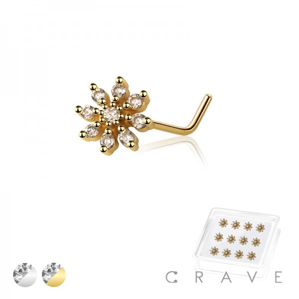 12PCS OF MULTI CZ FLOWER 316L SURGICAL STEEL L-SHAPE NOSE BOX